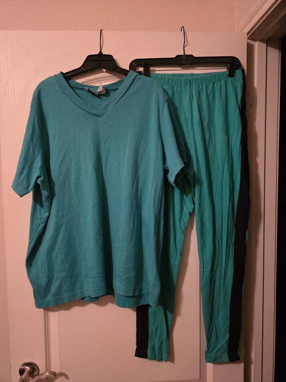 Denim 24/7 Two Piece Lounge Set Size L/1X Blue Cotton Spandex V-Neck Pants